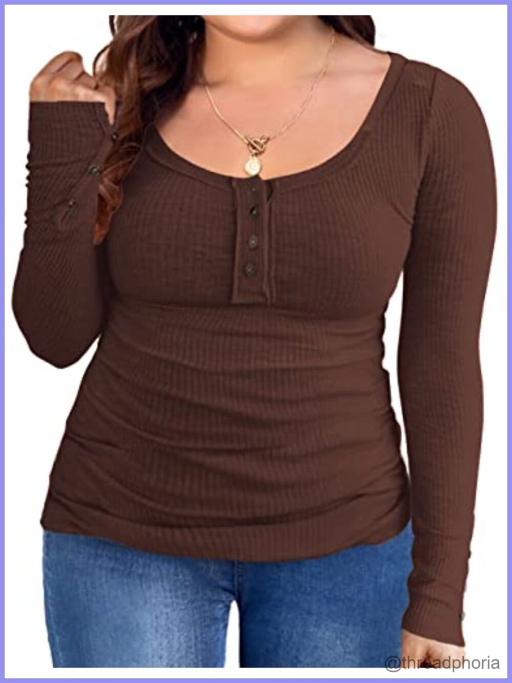 Plus Size Henley Tunic Top Long Sleeve Ribbed Knit Button Down Blouse
